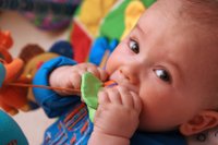 baby chewing on a toy